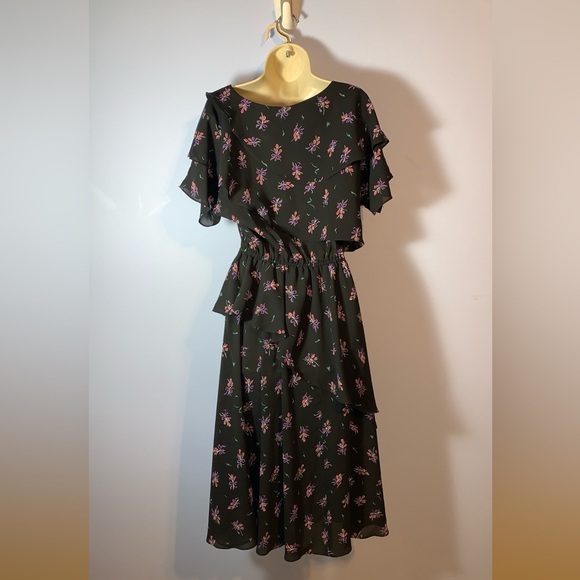 Jody California black Floral Ruffle layered Midi Dress pink tulips medium - Picture 3 of 6